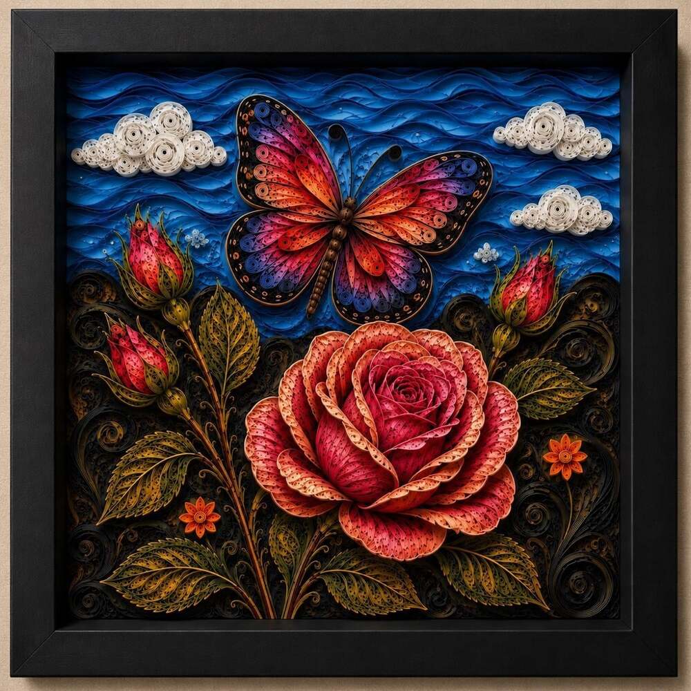 8 X 8 Black Framed Quilled Butterfly 7 E 89
